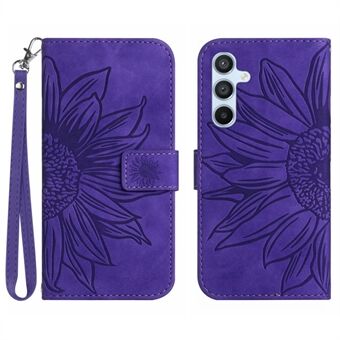 For Samsung Galaxy A54 5G HT04 Imprinted Sunflower Wallet Flip Case Skin-Touch PU Leather Stand Magnetic Phone Cover with Hand Strap