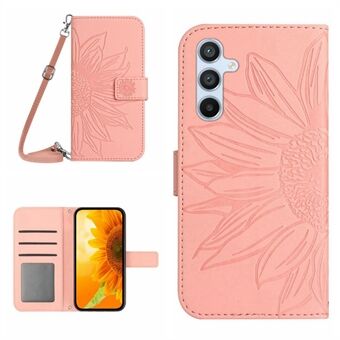 For Samsung Galaxy A54 5G HT04 Sunflower Imprinted PU Leather Wallet Case Stand Function Flip Skin-touch Protective Phone Cover with Shoulder Strap