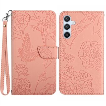 For Samsung Galaxy A54 5G HT03 Imprinted Butterfly Flowers PU Leather Folio Cover Skin-touch Magnetic Flip Stand Cover with Hand Strap