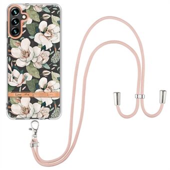 YB IMD-11 Series for Samsung Galaxy A54 5G Flower Pattern IMD IML Electroplating TPU Case Bump Proof Phone Back Cover with Lanyard