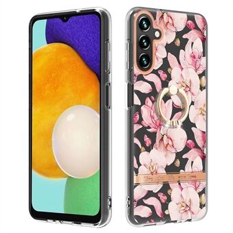 YB IMD-12 Series For Samsung Galaxy A54 5G Shockproof Protective Shell, Electroplating Soft TPU Case Ring Kickstand Flower Pattern IML IMD Phone Cover