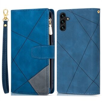 For Samsung Galaxy A54 5G Zipper Pocket Color Splicing PU Leather Phone Case Imprinting Lines Wallet Stand Flip Cover with Strap