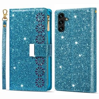 Anti-fall Phone Case For Samsung Galaxy A54 5G Zipper Wallet Stand Laser Carving Glittery Starry Style PU Leather Flip Phone Cover with Strap