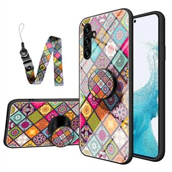 For Samsung Galaxy A54 5G Shockproof Tempered Glass Phone Case Flower Pattern PC + TPU Anti-Scratch Kickstand Cover with Lanyard