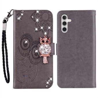 For Samsung Galaxy A54 5G Rhinestone Phone Cover Imprinted Owl Flower Leather Case with Stand Wallet