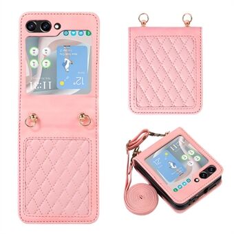 Grid Imprinted PU Leather PC Case for Samsung Galaxy Z Flip5 5G Protective Phone Shell with Shoulder Strap