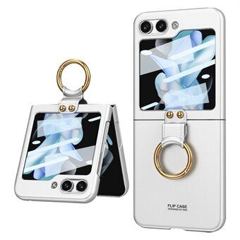 GKK Shockproof Case for Samsung Galaxy Z Flip5 5G Tempered Glass Back Slim Hard PC Phone Cover with Ring Strap