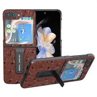 ABEEL For Samsung Galaxy Z Flip5 5G Kickstand Phone Case Genuine Cow Leather+PC Ostrich Texture Protective Cover