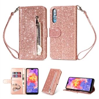 Flash Powder Zippered Stand Leather Wallet Case with Strap for Huawei P20 Pro