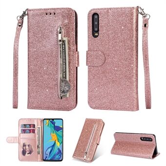 Glitter Powder Zippered Stand Leather Wallet Case with Strap for Huawei P30