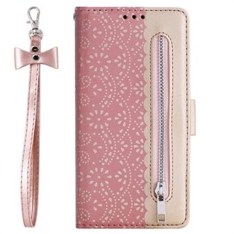 Lace Flower Pattern Zipper Pocket Leather Wallet Phone Cover with Bowknot Lanyard for Huawei P30 Pro