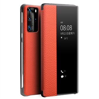 QIALINO Litchi Skin Genuine Leather Phone Shell with View Window Case for Huawei P40 Pro