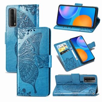 Imprint Big Butterfly Leather Wallet Phone Stand Shell for Huawei P Smart 2021 / Huawei Y7a