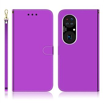 Mirror-like Surface Full Protection Leather Case + Wrist Strap with Wallet Stand Design for Huawei P50 Pro