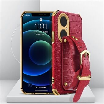 Crocodile Texture 6D Electroplated Wrist Strap PU Leather Coated TPU Phone Case Protector for Huawei P50 Pro