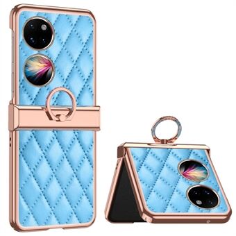 For Huawei P50 Pocket Ring Kickstand Phone Case Imprinted Rhombus Grid Pattern Electroplating PU Leather Coated PC Back Cover