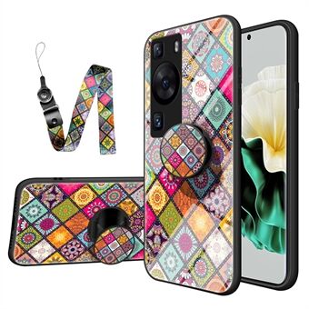 For Huawei P60 / P60 Pro PC+TPU+Tempered Glass Case Flower Pattern Kickstand Phone Cover with Lanyard