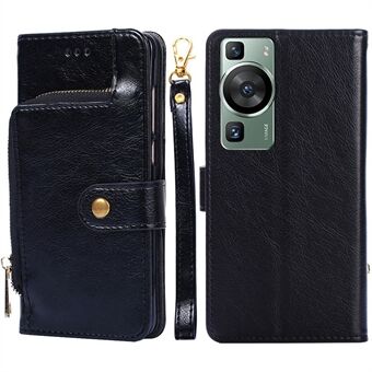 Phone Case for Huawei P60 / P60 Pro Zipper Pocket PU Leather Wallet Stand Cover with Strap