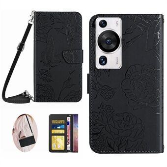 HT03 Phone Case for Huawei P60 / P60 Pro Wallet PU Leather Stand Butterfly Flowers Imprinted Cover with Shoulder Strap