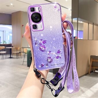 For Huawei P60 / P60 Pro Strap Design TPU Case Glitter Rhinestone Decor Flower Pattern Phone Cover