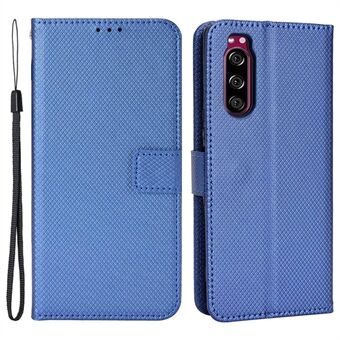 For Sony Xperia 5 Diamond Texture Flip Leather Case Wallet Design Shockproof Flip Folio Stand Protective Cover with Wrist Strap