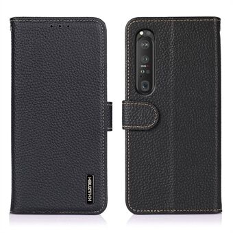 KHAZNEH for Sony Xperia 1 III 5G Wallet Design Litchi Texture Top Layer Genuine Leather Shell Cell Phone Stand Case - Black