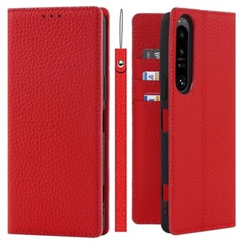 For Sony Xperia 1 IV 5G Full Covering Litchi Texture Genuine Leather Phone Case Wallet Stand Anti-fall Protective Cover with Wrist Strap