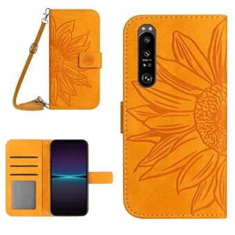 For Sony Xperia 1 IV 5G HT04 Sunflower Imprinted Drop-proof Stand Wallet Case Skin-touch PU Leather Phone Cover with Shoulder Strap