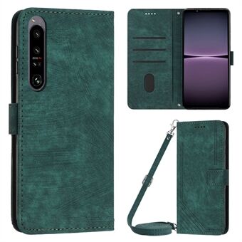 For Sony Xperia 1 IV 5G PU Leather Wallet Case Lines Imprinted Stand Shockproof Cover with 2 Straps