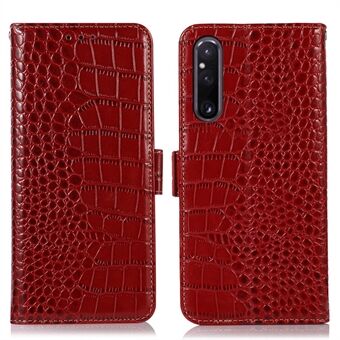 Wallet Phone Case for Sony Xperia 1 V , Crocodile Texture RFID Blocking Stand Genuine Cowhide Leather Phone Cover