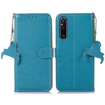 Anti-Scratch Phone Cover for Sony Xperia 1 V Genuine Cow Leather Litchi Texture RFID Blocking Stand Wallet Case