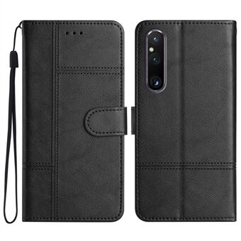 For Sony Xperia 1 V PU Leather Cowhide Texture Phone Case Stand Wallet Line Imprinted Business Cover with Strap