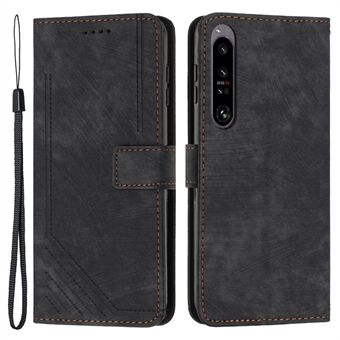 For Sony Xperia 1 V 2023 Lines Imprint Leather Wallet Anti-drop Shell Skin-touch Flip Stand Mobile Case