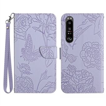 HT03 For Sony Xperia 1 V Skin-touch PU Leather Flip Phone Case Stand Wallet Imprinted Pattern Shell with Strap