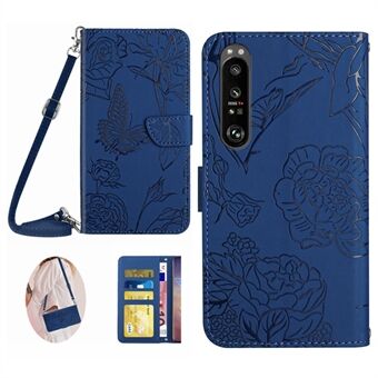 HT03 Phone Case for Sony Xperia 1 V Stand Wallet PU Leather Butterfly Flowers Imprinted Cover with Shoulder Strap