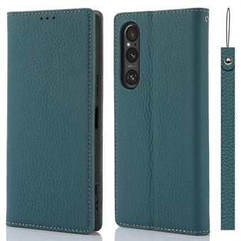 For Sony Xperia 1 V Litchi Texture Genuine Cow Leather Phone Case Stand Wallet Flip Cover with Strap