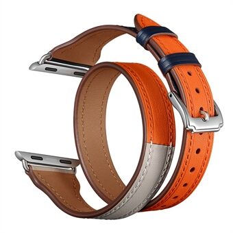 Bi-colored Dual-circle Design Genuine Leather Replacement Watch Strap for Apple Watch Series 1/2/3 42mm / Series 6 SE 5 4 44mm