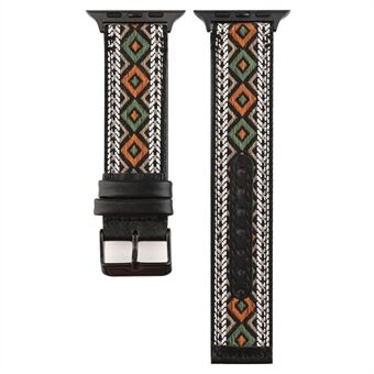 Ethnic Style Genuine Leather Cloth Watch Strap Band for Apple Watch Series 6/5/4/SE 44mm, Series 3/2/1 42mm