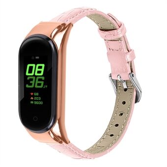 For Xiaomi Mi Band 7 Bamboo Grain Top Layer Cowhide Leather Buckle Design Watch Band with Rose Gold Watch Cover