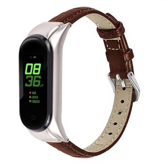 For Xiaomi Mi Band 7 Buckle Design Top Layer Cowhide Leather Bamboo Grain Adjustable Watch Band with Silver Protective Cover