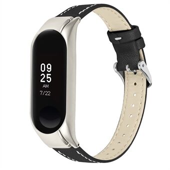 For Xiaomi Mi Band 7 Genuine Cowhide Leather Watch Band Adjustable Wrist Strap with Silver Watch Case