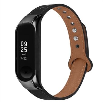 Top Layer Cowhide Strap for Xiaomi Mi Band 3 / 4, Double Rivet Design Wrist Band Replacement, Black Watch Case