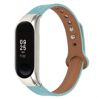 For Xiaomi Mi Band 7 Replacement Strap Top Layer Cowhide Adjustable Wrist Band with Double Rivet, Silver Watch Case