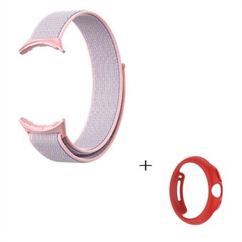 For Google Pixel Watch Nylon Sport Loop Band Adjustable Strap Wristband Replacement with Red PC Hollow-out Case