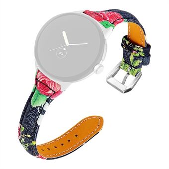 For Google Pixel Watch Genuine Leather Watch Band Flower Pattern Wrist Strap with Silver Connector