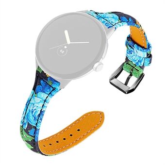 For Google Pixel Watch Flower Pattern Genuine Leather Watch Band Replacement Strap with Black Connector