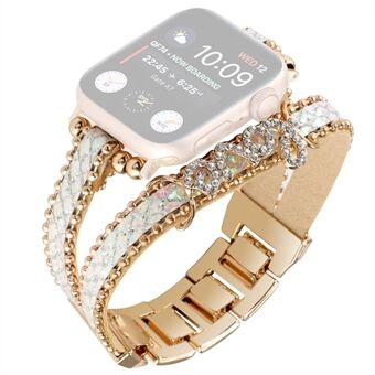 For Apple Watch Series 8 7 41mm / Series 6 5 4 SE SE (2022) 40mm / Series 1 2 3 38mm Leather+Metal Watch Strap with Rhinestone