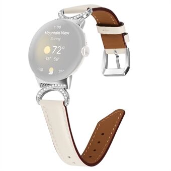 For Google Pixel Watch Replacement Strap Rhinestone Decor D-shape Connector Split Leather Wrist Band with Silver Buckle