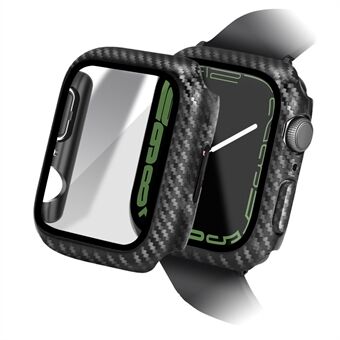 For Apple Watch Series 4 / 5 / 6 / SE / SE (2022) 44mm Hard PC Watch Frame Case with Tempered Glass Screen Protector Carbon Fiber Protective Cover - Black