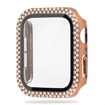 For Apple Watch SE (2022) 44mm Double Bling Rhinestone Overall Hard PC Case with Tempered Glass Screen Protector Integrated Watch Cover